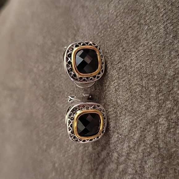 Jankuo 1990s Black Onyx Cubic Zirconia Two Tone Square Cushion Omega Earrings - Picture 2 of 6